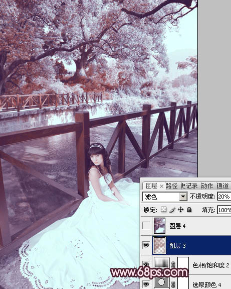 Photoshop将河边美女婚片调成梦幻的紫红色方法