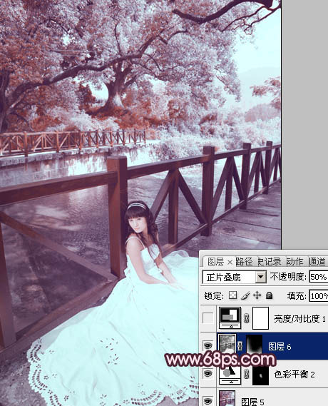 Photoshop将河边美女婚片调成梦幻的紫红色方法