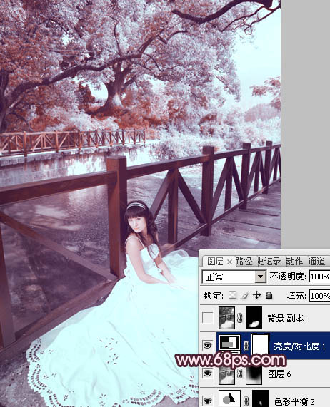 Photoshop将河边美女婚片调成梦幻的紫红色方法