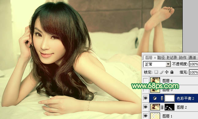 Photoshop将室内美女图片调制出温馨柔和的黄绿色效果