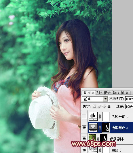 Photoshop将树林美女图片调成甜美的青绿色