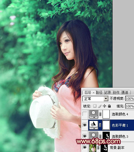 Photoshop将树林美女图片调成甜美的青绿色