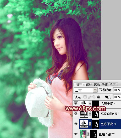 Photoshop将树林美女图片调成甜美的青绿色