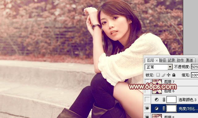 Photoshop为外景美女图片调制出甜美的淡红色