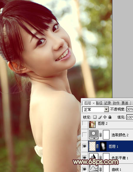 Photoshop为外景美女图片增加上淡淡的青黄蜜糖色