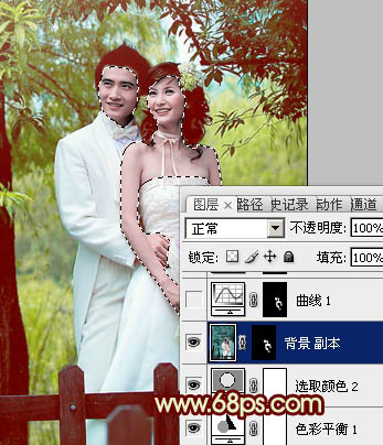 Photoshop将树林婚片打造出甜美的青黄色效果