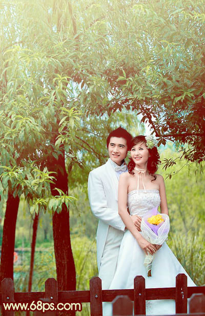 Photoshop将树林婚片打造出甜美的青黄色效果