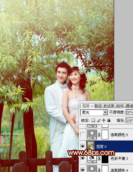 Photoshop将树林婚片打造出甜美的青黄色效果