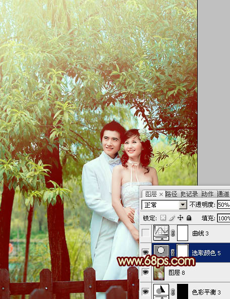 Photoshop将树林婚片打造出甜美的青黄色效果