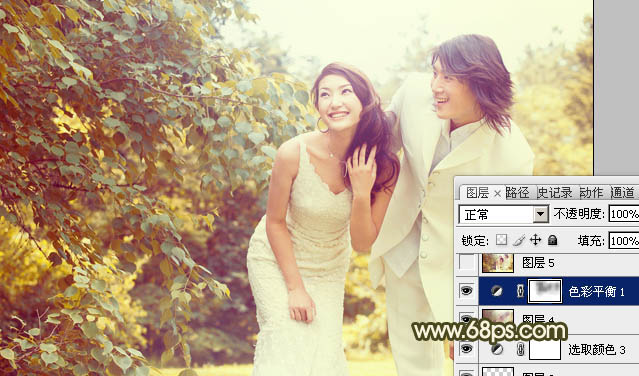 Photoshop将树林婚片增加上柔和的淡黄色效果