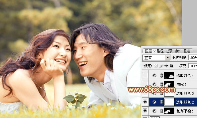 Photoshop将草地上的情侣图片增加上暖暖的棕黄色