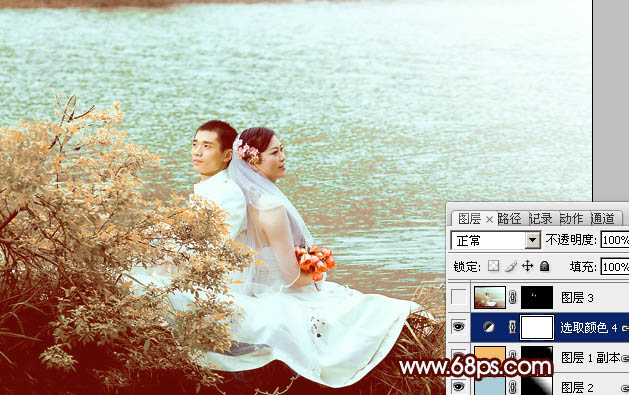 Photoshop将河景婚片打造出秋天风味的漂亮青黄色