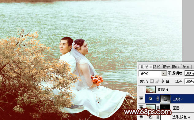 Photoshop将河景婚片打造出秋天风味的漂亮青黄色