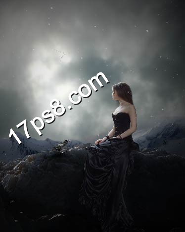 photoshop合成制作出夜空下呆坐在岩石上眺望远方的美女图片