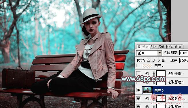 Photoshop为树林人物图片加上强对比的青褐色效果教程