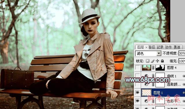 Photoshop为树林人物图片加上强对比的青褐色效果教程