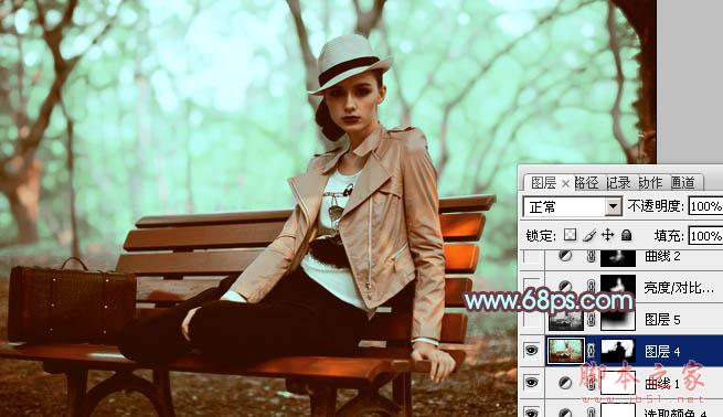 Photoshop为树林人物图片加上强对比的青褐色效果教程