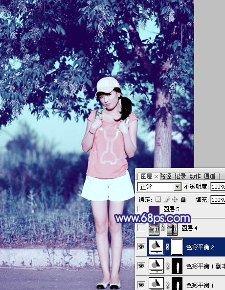 Photoshop为外景美女图片增加上流行的韩系粉蓝色效果