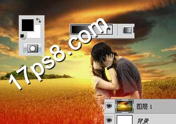 photoshop将亲吻中的情侣合成霞光草原中逐渐消失的粒子化效果