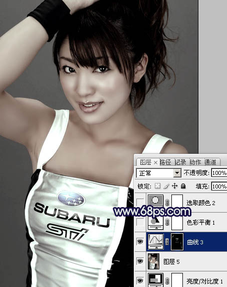 Photoshop将美女车模调制出低饱和的淡黄色质感肤色