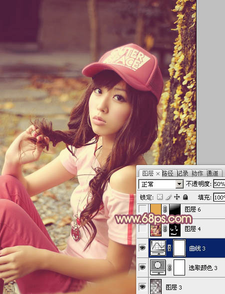 Photoshop将坐地上的美女增加上柔美的古典红褐色
