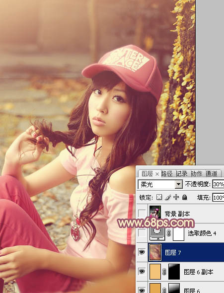 Photoshop将坐地上的美女增加上柔美的古典红褐色