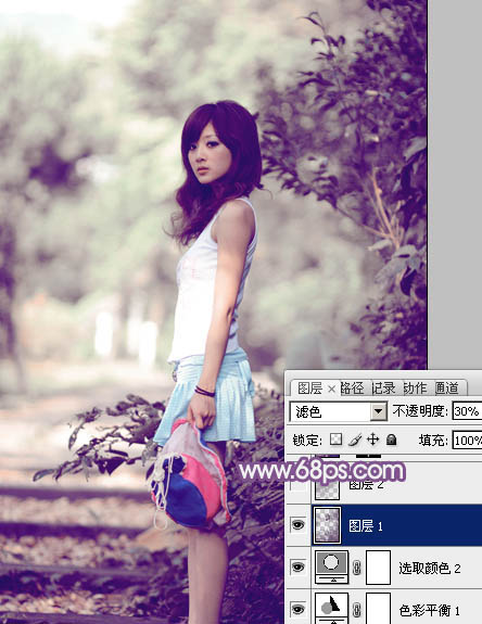 Photoshop为树边的美女图片调制出古典梦幻中性紫色调