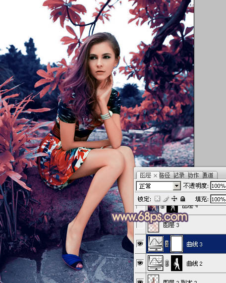 photoshop利用通道替换为树林美女图片加上古典红蓝色