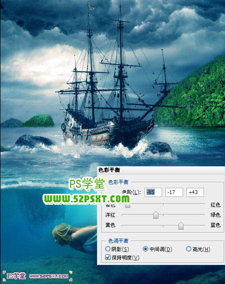 photoshop合成制作出古船下神秘的美人鱼场景