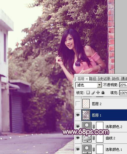 Photoshop将外景美女图片打造出柔美的中性黄紫色效果