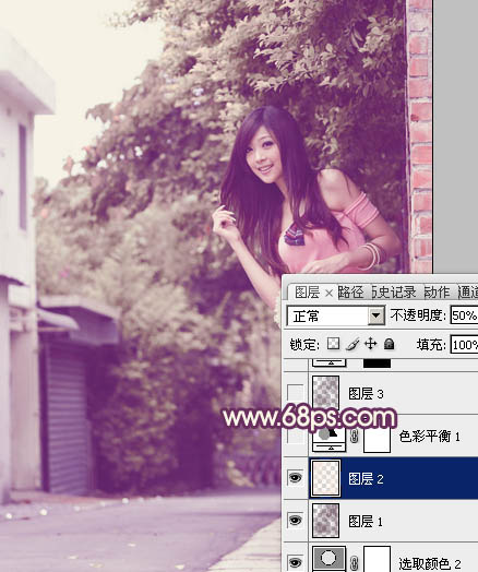 Photoshop将外景美女图片打造出柔美的中性黄紫色效果