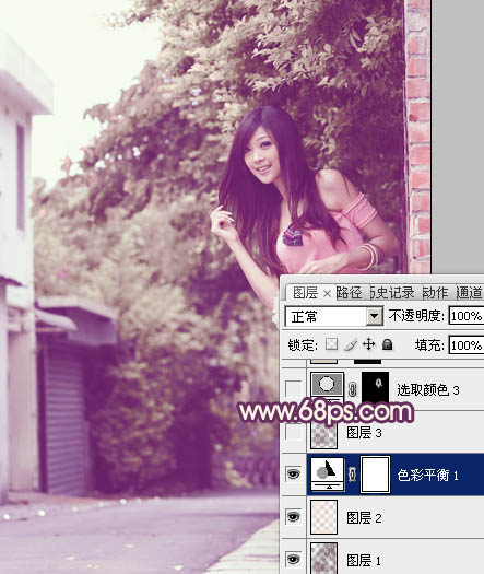 Photoshop将外景美女图片打造出柔美的中性黄紫色效果