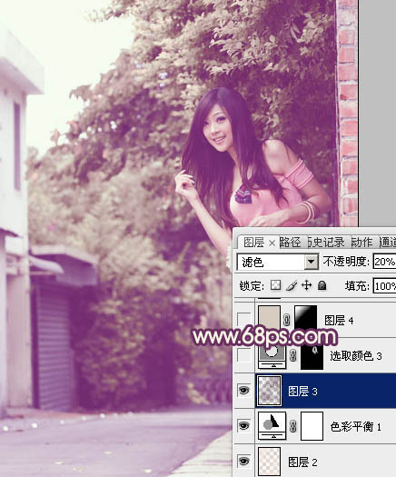 Photoshop将外景美女图片打造出柔美的中性黄紫色效果