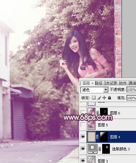 Photoshop将外景美女图片打造出柔美的中性黄紫色效果