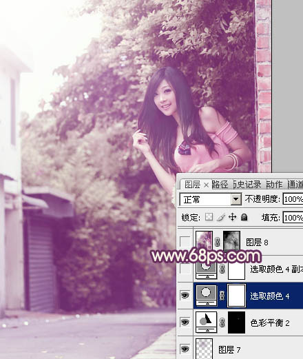 Photoshop将外景美女图片打造出柔美的中性黄紫色效果