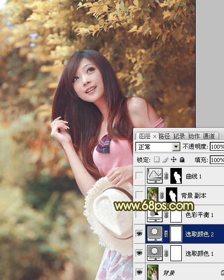 Photoshop为绿树边的美女调制出柔美的黄褐色效果