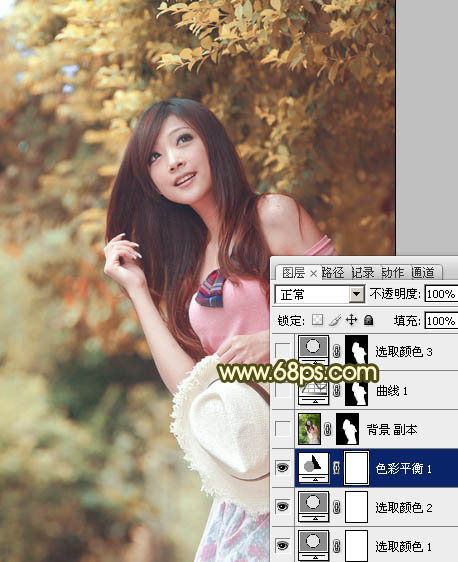 Photoshop为绿树边的美女调制出柔美的黄褐色效果