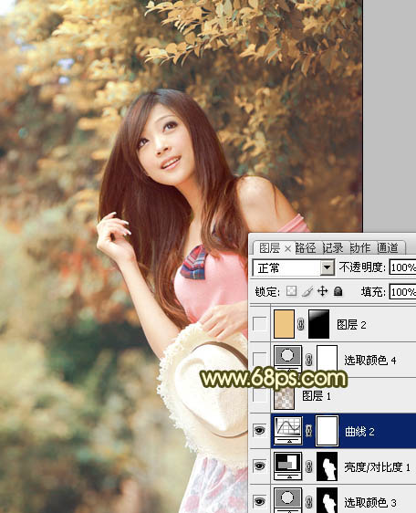 Photoshop为绿树边的美女调制出柔美的黄褐色效果