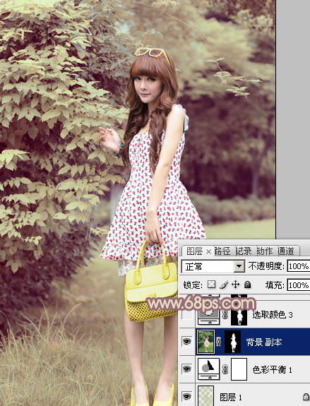 Photoshop将树林美女图片打造出甜美的黄褐色