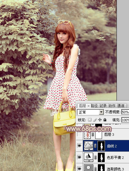 Photoshop将树林美女图片打造出甜美的黄褐色