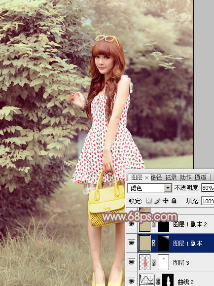 Photoshop将树林美女图片打造出甜美的黄褐色