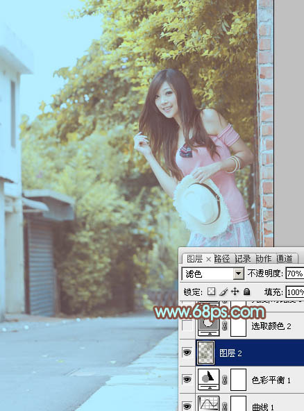 Photoshop为路边美女图片调制出淡淡的青褐色