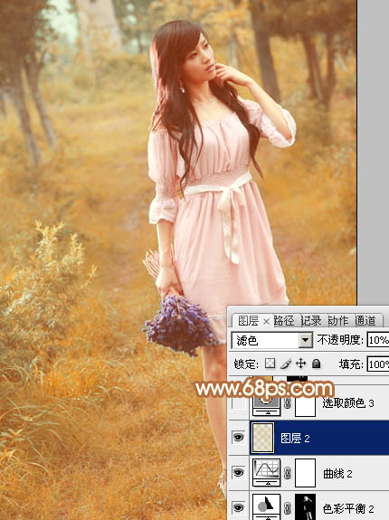 Photoshop为树林美女图片调制出柔和的淡黄早秋色