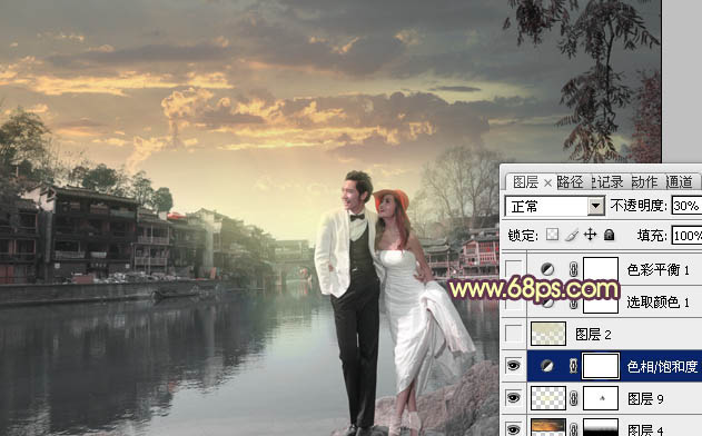 Photoshop将古镇婚片调制出漂亮的霞光色效果