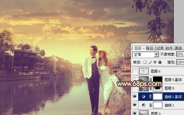 Photoshop将古镇婚片调制出漂亮的霞光色效果