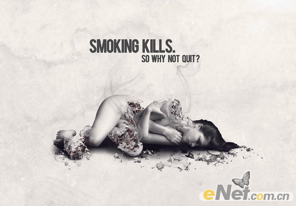 Photoshop将美女人体图片打造出禁烟公益广告海报效果”