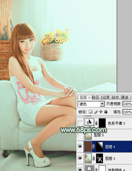 Photoshop为室内美女增加甜美的青红色效果