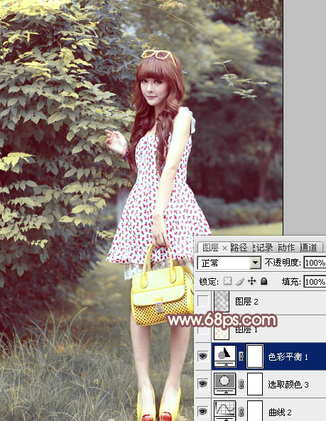 Photoshop为树林美女调制出甜美的淡调红褐色效果