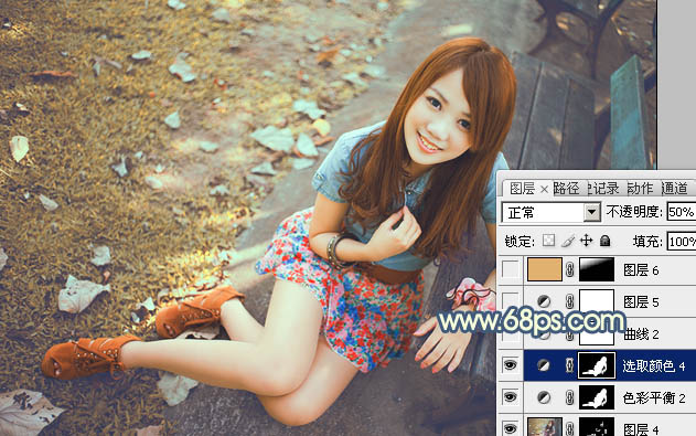 Photoshop为公园美女图片打造出甜美的橙黄色效果