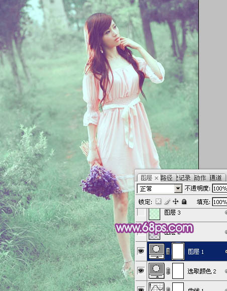 Photoshop将树林美女图片调制出柔美的淡调青绿色